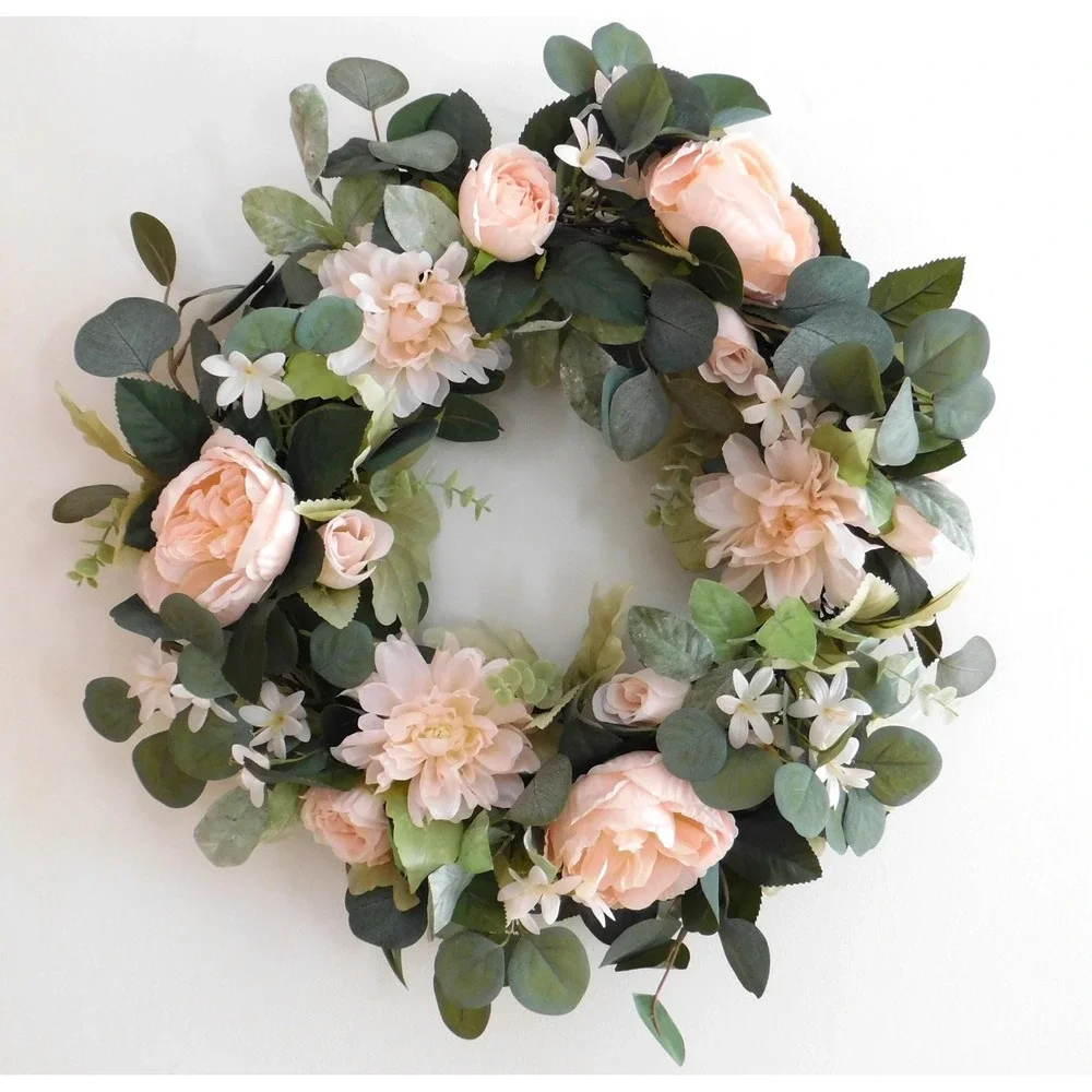 Handmade Cabbage Roses Wreath for Front Door Spring and Summer Housewarming Gift